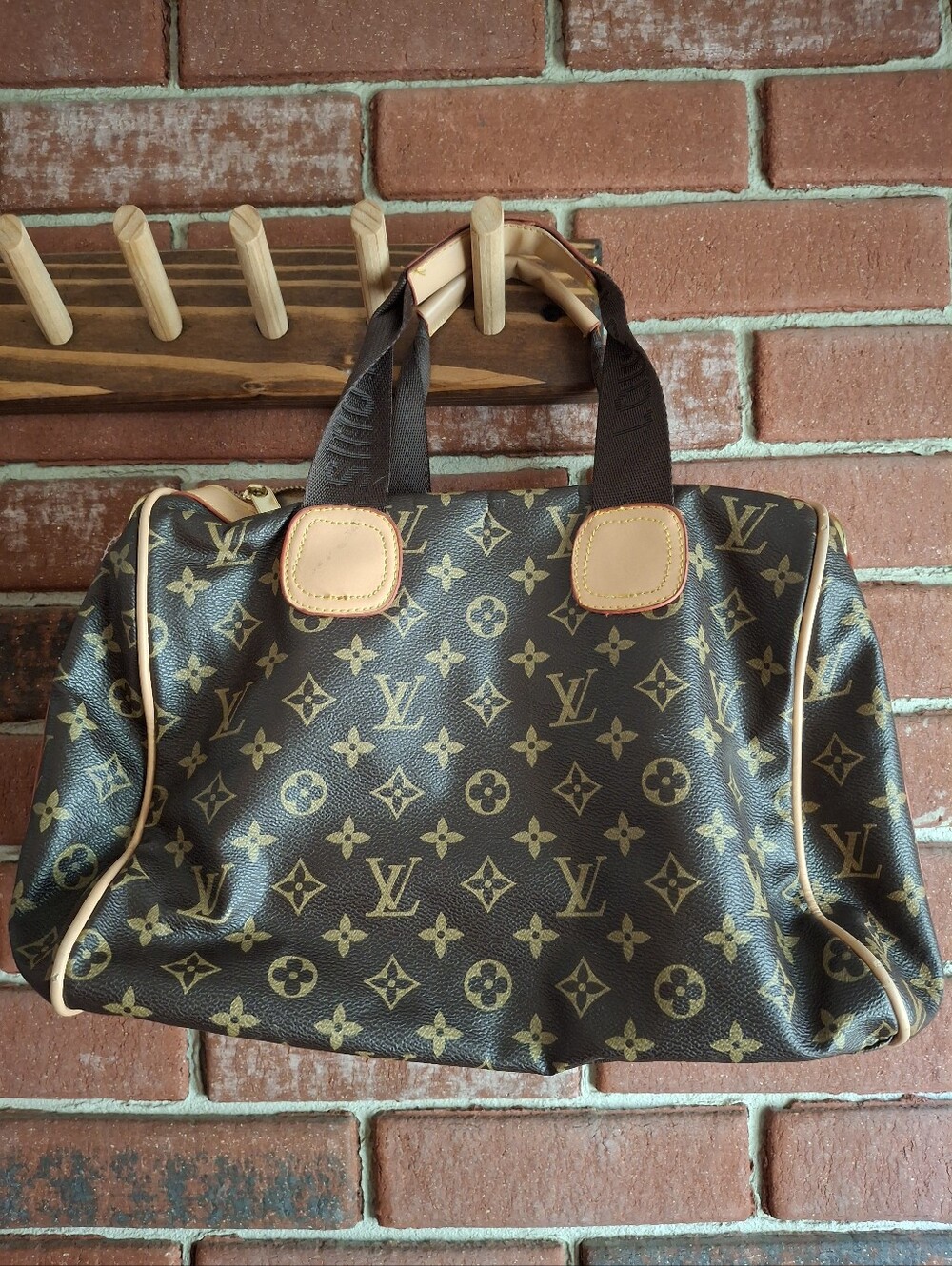 Designer Inspired Monogram Tote with Gold Plate and Tan Trim - Picture 7 of 8